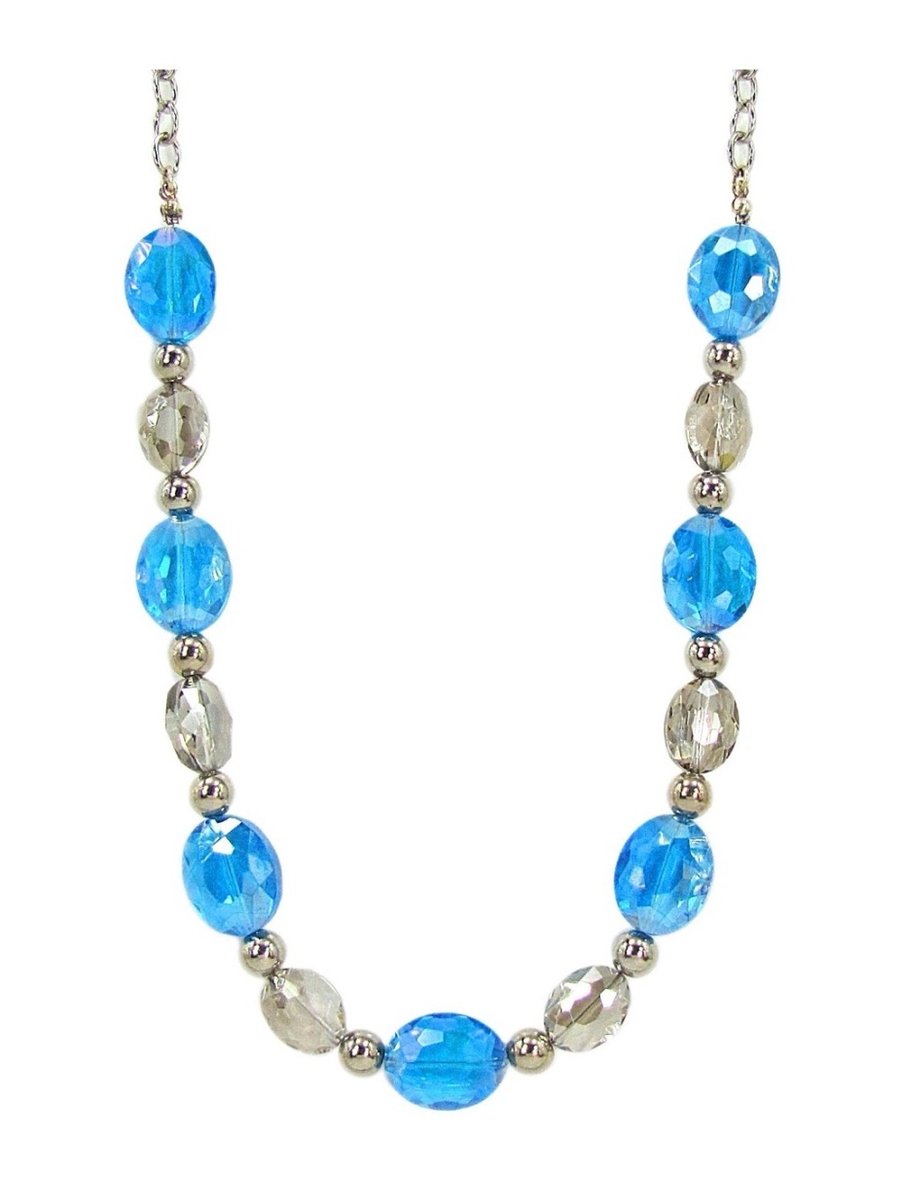 Blue and gray glass bead necklace with oval glass beads and shiny silver beads